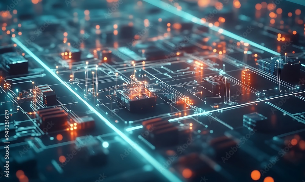 Poster global logistics network visualized as interconnected digital nodes representing supply chain elemen