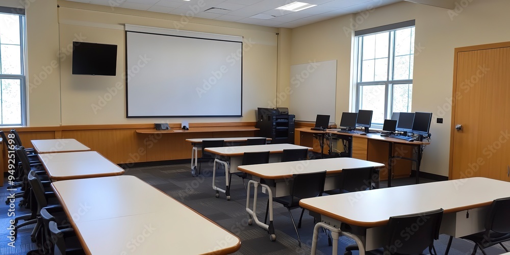 Poster empty classroom with whiteboard and computer desks for technology integration