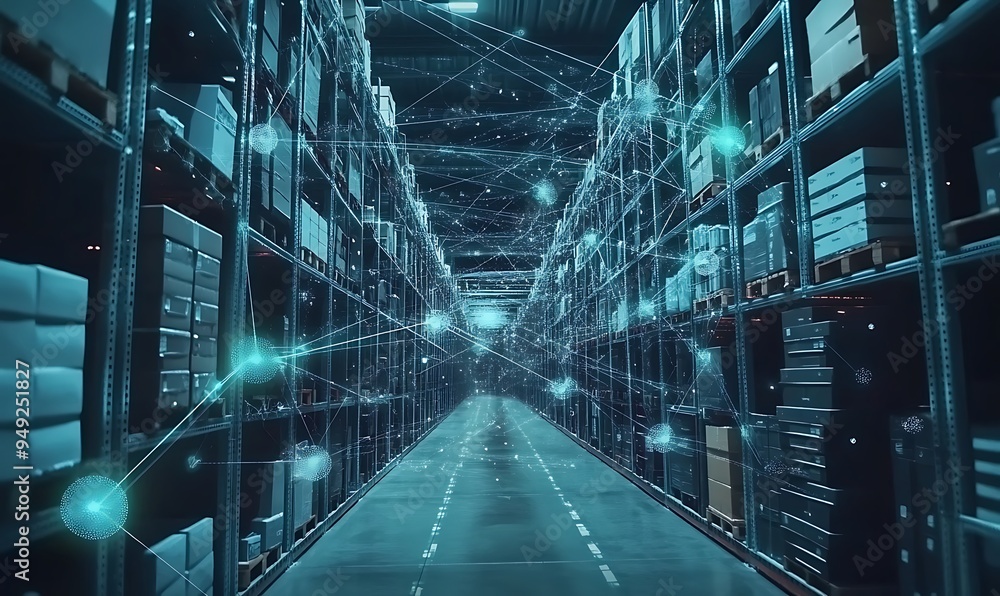Fototapete Global Logistics Network Visualized as Interconnected Digital Nodes Representing Supply Chain Elements
