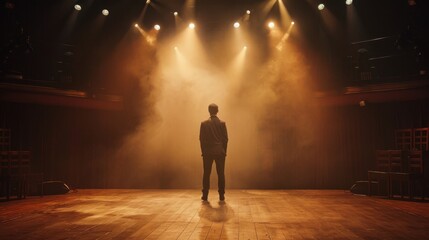 Fototapeta premium A theater stage with soft, warm lighting highlighting an actor in the center