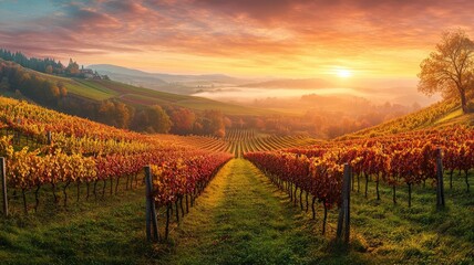 Fototapeta premium Sunrise over colorful vineyard hills with autumnal foliage and distant fog