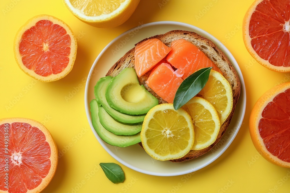 Poster A colorful breakfast spread showcases avocado toast topped with salmon and garnished with fresh citrus slices on a vibrant yellow background. Generative AI