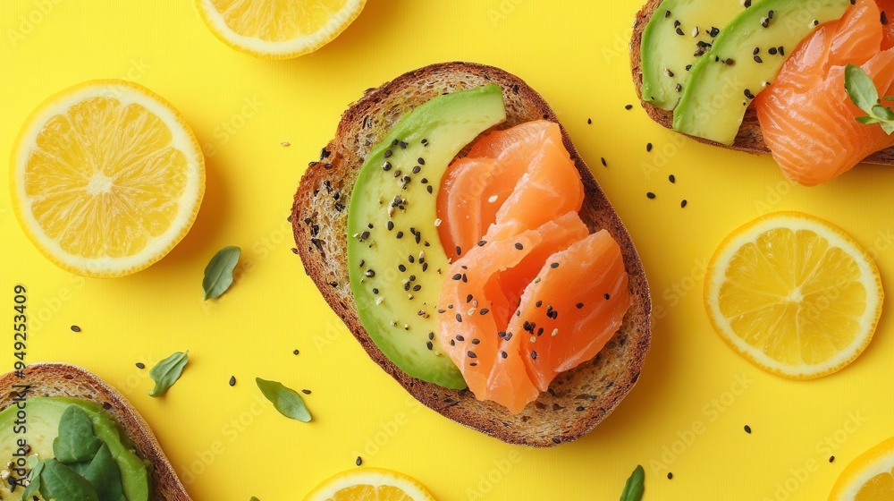 Aufkleber A colorful breakfast spread showcases avocado toast with salmon and fresh citrus slices, brightening up the table with its yellow backdrop. Generative AI