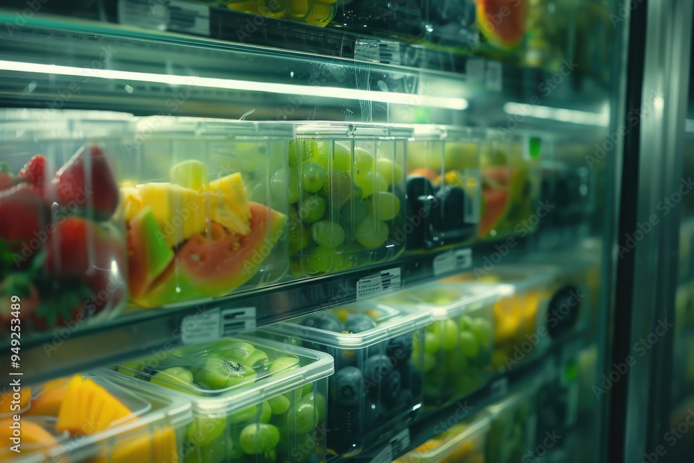 Poster a colorful and abundant fruit selection stored in a modern appliance
