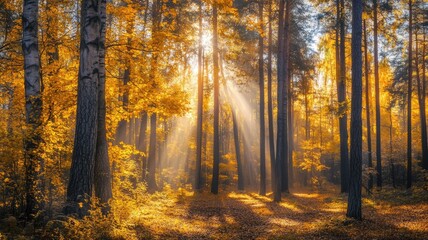 Fototapeta premium Sunlight filtering through dense autumn forest, illuminating golden leaves and tall trees
