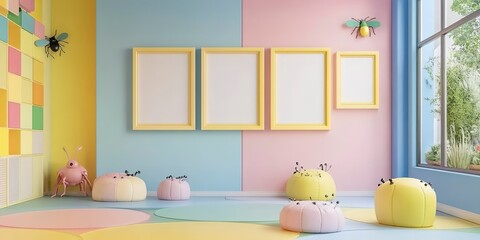 Colorful pastel colors learning rooms for pre-primary students or young children blank mockup frames on cute insect wall of kindergarten or children playroom, display and show mockup