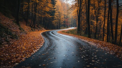 Obraz premium Wet, winding forest road covered in autumn leaves, surrounded by trees