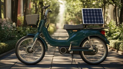 Electric bike, parked on a sidewalk, solar panel accessory, sunny day