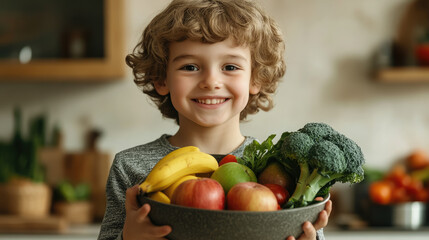 Fototapeta premium little cute smiling boy holding bowl with fruits and vegetables in kitchen, child, kid, kids, healthy eating, bananas, apples, broccoli, food, vegetarianism, portrait, person, face, dish