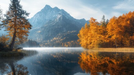 Serene lake mirrors autumn trees under majestic mountain