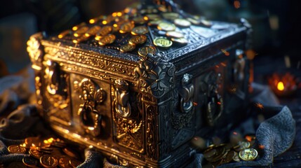 A treasure chest with intricate carvings, brimming with gold coins and sparkling jewels
