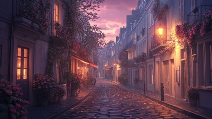 Elegant townhouse with Juliet balconies, ivy-covered walls, cobblestone street, evening glow