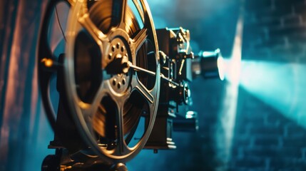 A vintage film projector casting light onto a blank wall, with the film reel slowly spinning