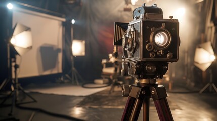 An old film camera on a tripod, positioned in front of a movie set with soft lighting in the background