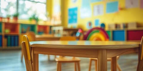 Playful Learning- An Empty Table in the Forefront of a Blurred Preschool Setting