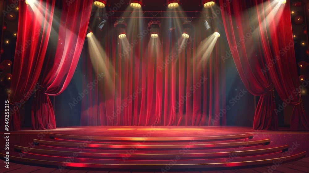Poster A stage set with red curtains and spotlights, ready for a performance