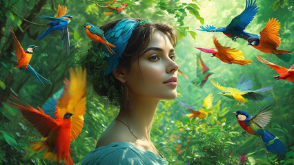 Young Woman's Face Surrounded by Birds A Symbol of Harmony with Nature
