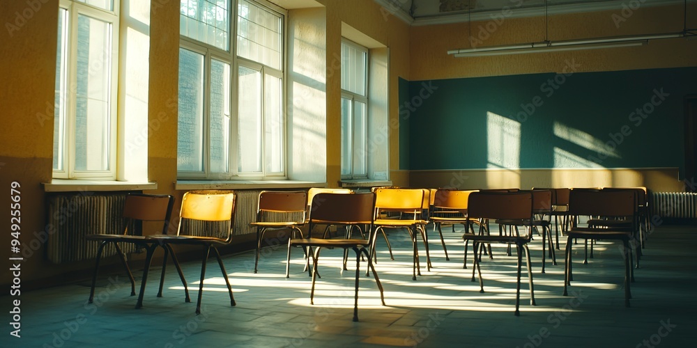 Poster image of empty classroom without people and teacher. chairs and desks in a row.