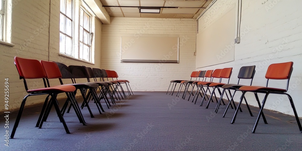 Poster image of empty classroom without people and teacher. chairs and desks in a row.