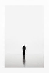 A man stands alone in a foggy, desolate landscape