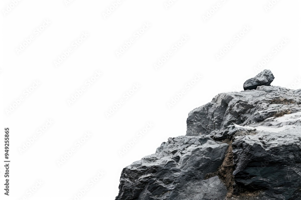 Poster a single bird sits at the summit of a massive rock, enjoying the view