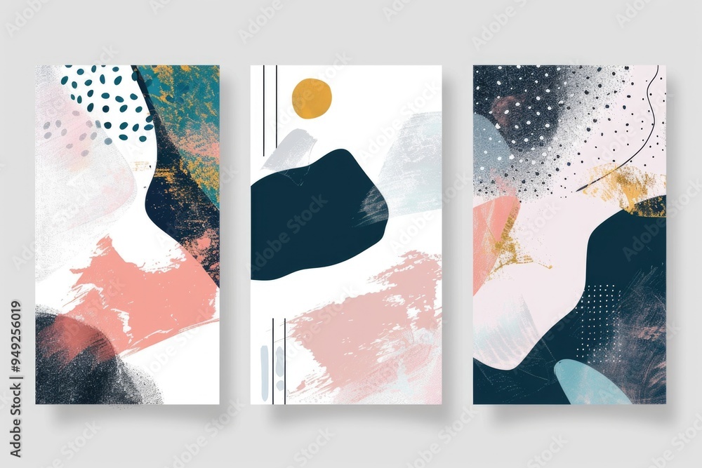 Poster three modern vertical banners with unique abstract designs and shapes