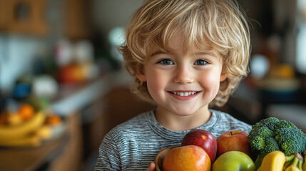 Fototapeta premium little cute smiling boy holding bowl with fruits and vegetables in kitchen, child, kid, kids, healthy eating, bananas, apples, broccoli, food, vegetarianism, portrait, person, face, dish