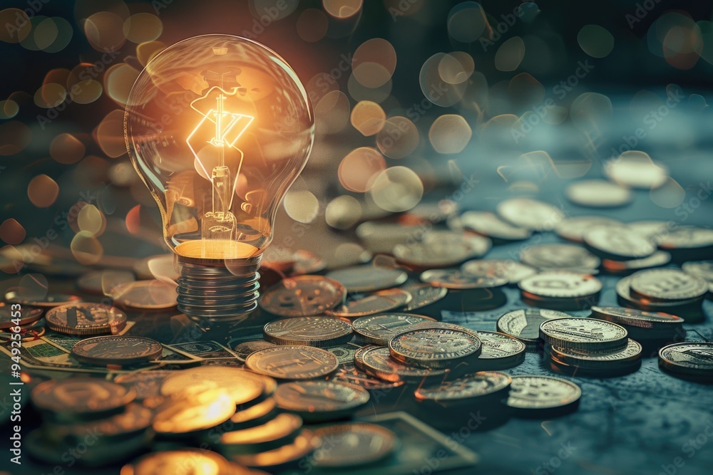 Poster a light bulb sits atop a stack of coins, symbolizing abundance and illumination