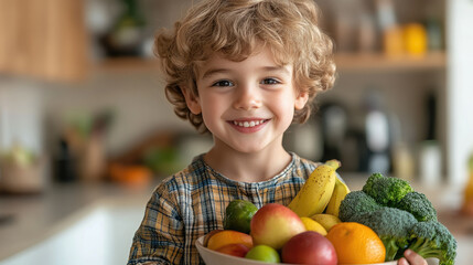 Fototapeta premium little cute smiling boy holding bowl with fruits and vegetables in kitchen, child, kid, kids, healthy eating, bananas, apples, broccoli, food, vegetarianism, portrait, person, face, dish