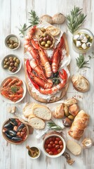 Fototapeta premium A vibrant assortment of seafood, crusty bread, and olives is presented on a wooden table, capturing the essence of Mediterranean summer dining