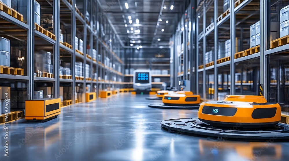 Poster automated warehouse with robotic inventory systems and ai-driven stock optimization for uninterrupte