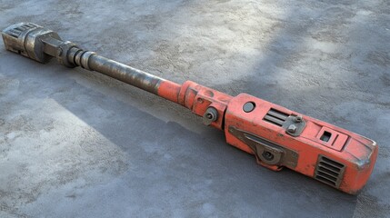 Jackhammer, placed on a concrete slab, dirt and dust around, outdoor setting
