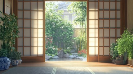 Japanese-inspired home, sliding shoji doors, bamboo garden, koi pond, morning light
