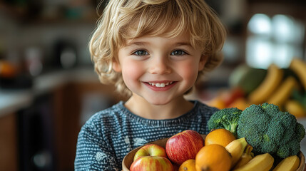 Fototapeta premium little cute smiling boy holding bowl with fruits and vegetables in kitchen, child, kid, kids, healthy eating, bananas, apples, broccoli, food, vegetarianism, portrait, person, face, dish