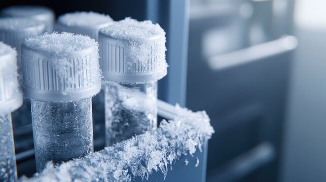 Lab freezer with labeled vials, frost-covered door, sterile biotech lab setting