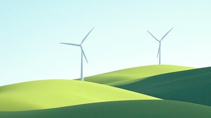 Fototapeta premium Large wind turbines on a hillside, generating electricity, clear blue sky, sunny day