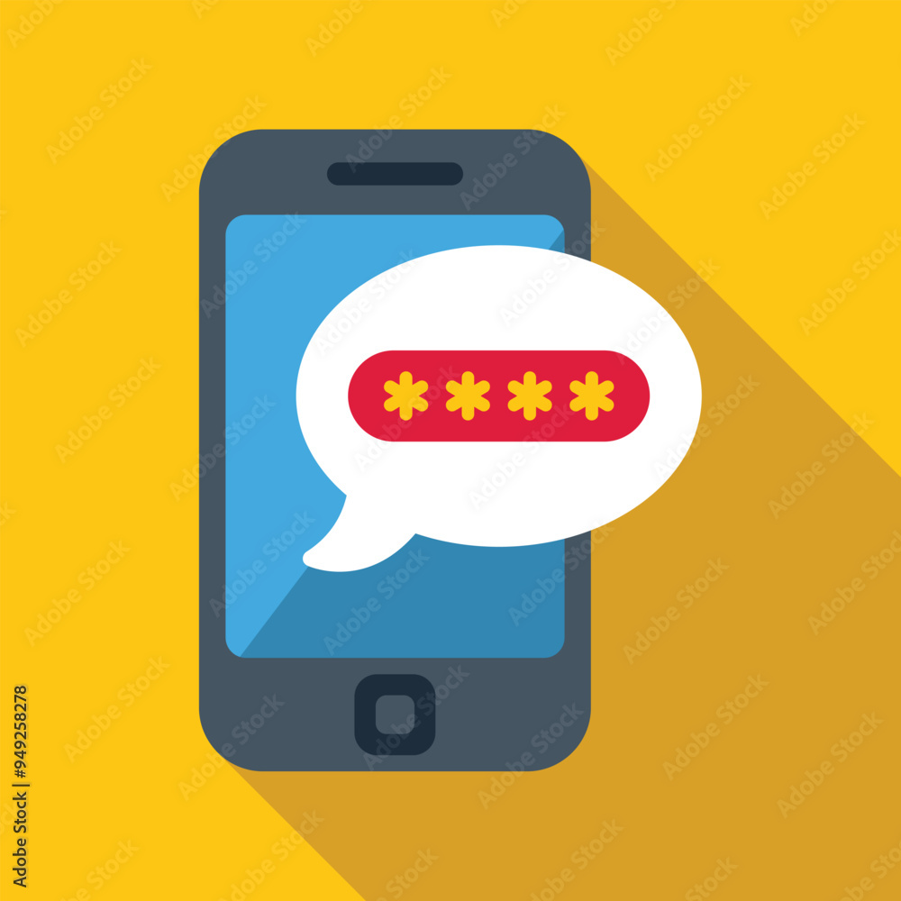 Poster smartphone is showing a speech bubble containing a password hidden with asterisks