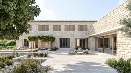 Luxury countryside villa, sprawling estate, stone facade, vineyard setting, golden hour