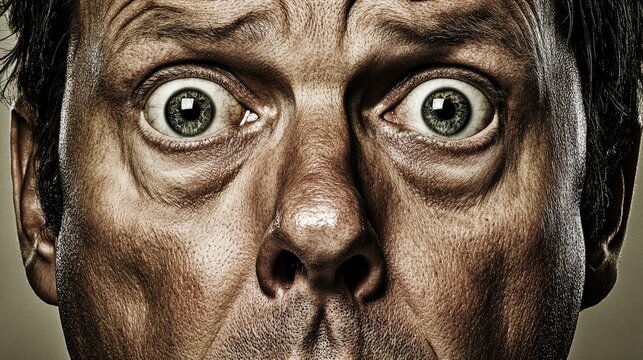 Man&acirc;&euro;&trade;s face showing disbelief, mouth open, eyes wide, neutral background