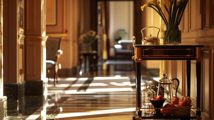 A decorative serving cart in a hotel hallway.