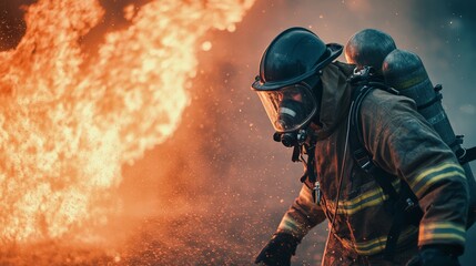 A brave firefighter in full gear battles a raging blaze, showcasing courage and dedication in an intense fire emergency.