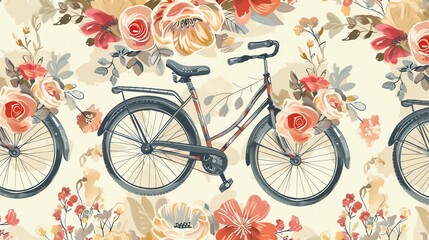 Fototapeta premium A vintage bicycle with floral accents on a cream background.