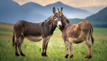 Fototapeta premium A pair of donkeys nuzzling each other affectionately in a green pasture, with a distant moun