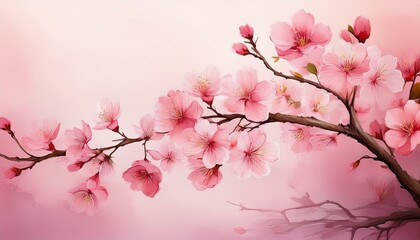 Obraz premium A thin, graceful branch with a few delicate pink cherry blossoms painted in watercolor. 