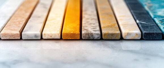 A detailed close-up of polished marble slabs in a showroom with natural lighting, plenty of copy space