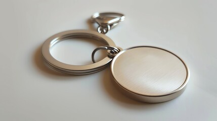 A silver keychain with a round tag.
