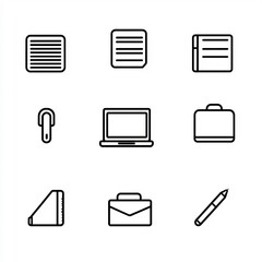 Minimalist Office Icons Icons representing typical office supplies paperclip notebook pen laptop folder Designed with simplicity in mind using only essential details to represent each object