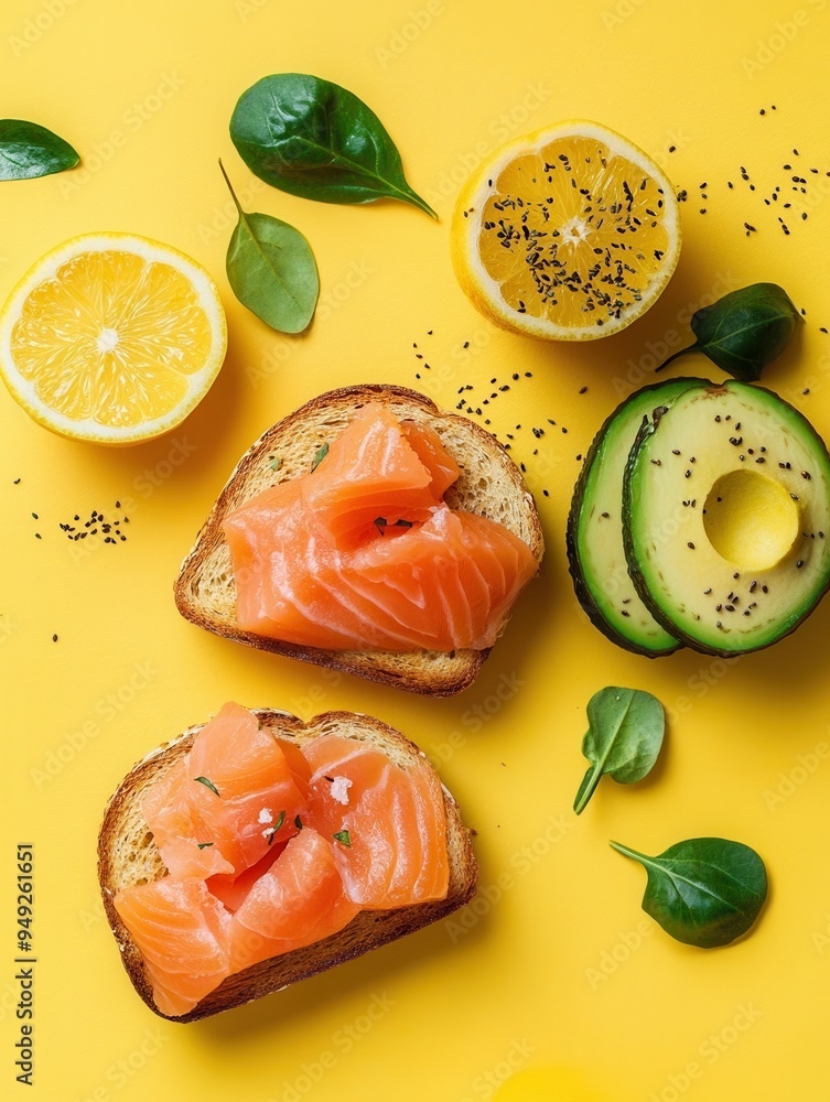 Aufkleber Enjoy a nutritious breakfast featuring avocado toast topped with salmon, complemented by fresh citrus slices on a cheerful yellow surface. Generative AI