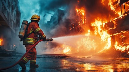 A firefighter battling a blazing building in an urban area, demonstrating courage and dedication in emergency situations.