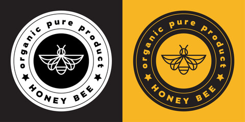 Label Honey bee Organic pure product. Circle badge Beekeeping. Logo bee. Vector